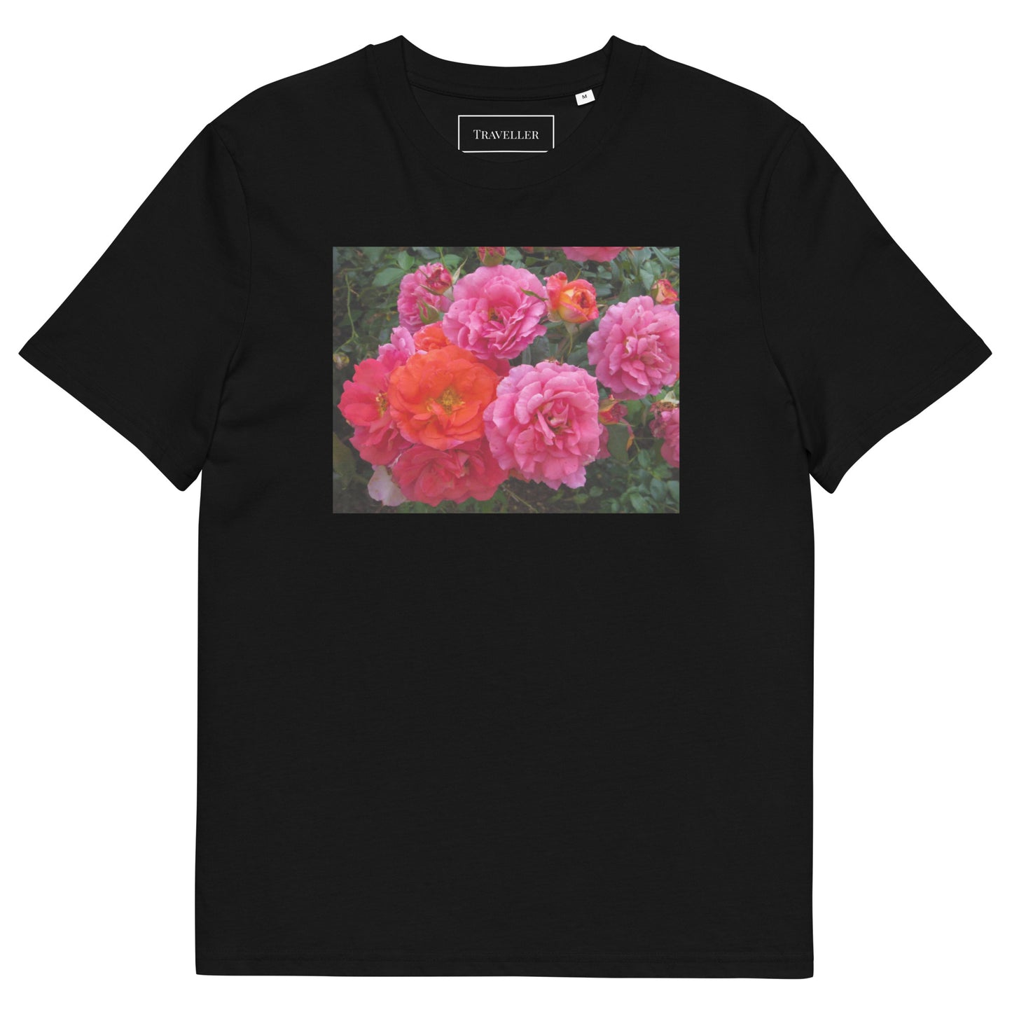 オーガニックコットン ピンクバラ ユニセックスTシャツ Black