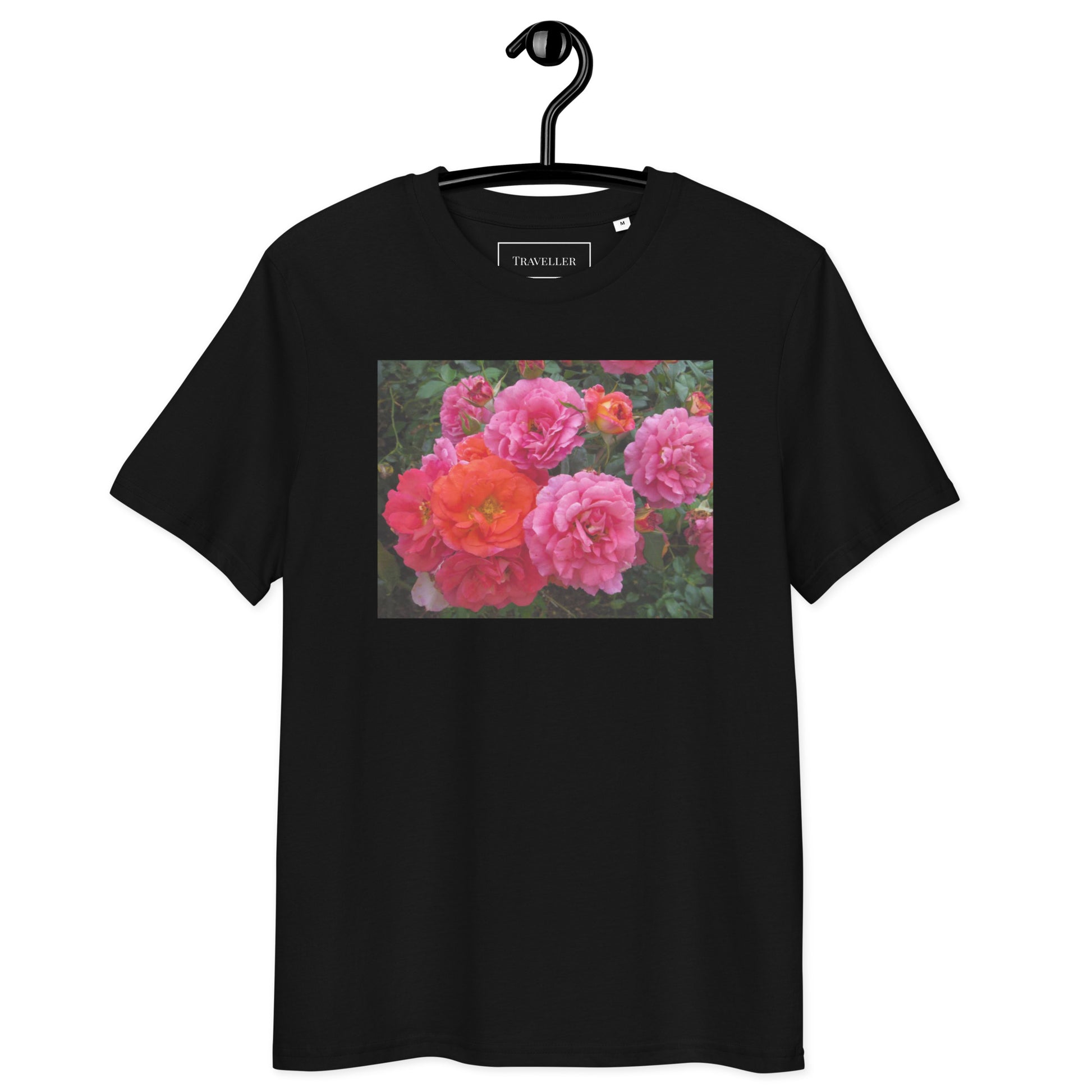 Økologisk bomulds-T-shirt med lyserød rose og unisex-motiv