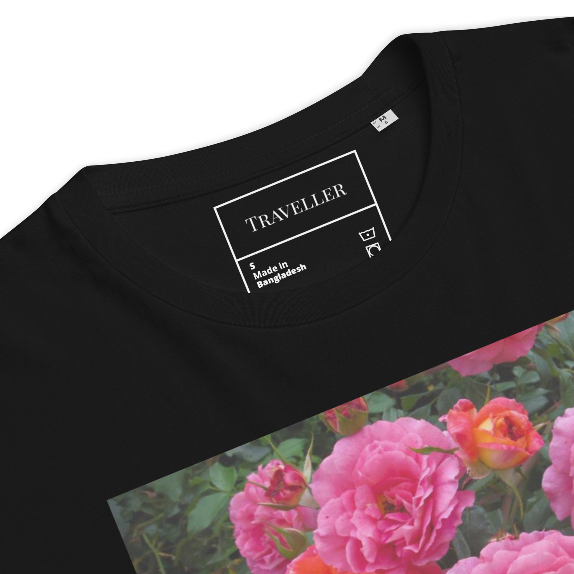 Økologisk bomulds-T-shirt med lyserød rose og unisex-motiv