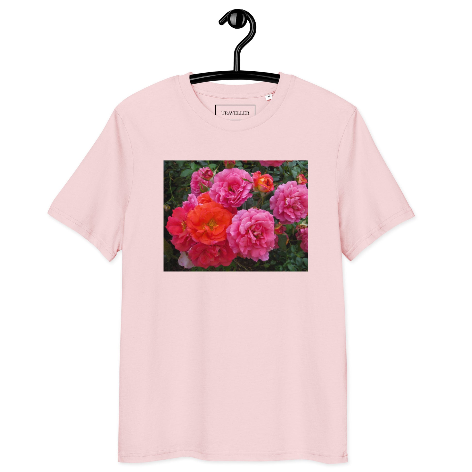 Økologisk bomulds-T-shirt med lyserød rose og unisex-motiv