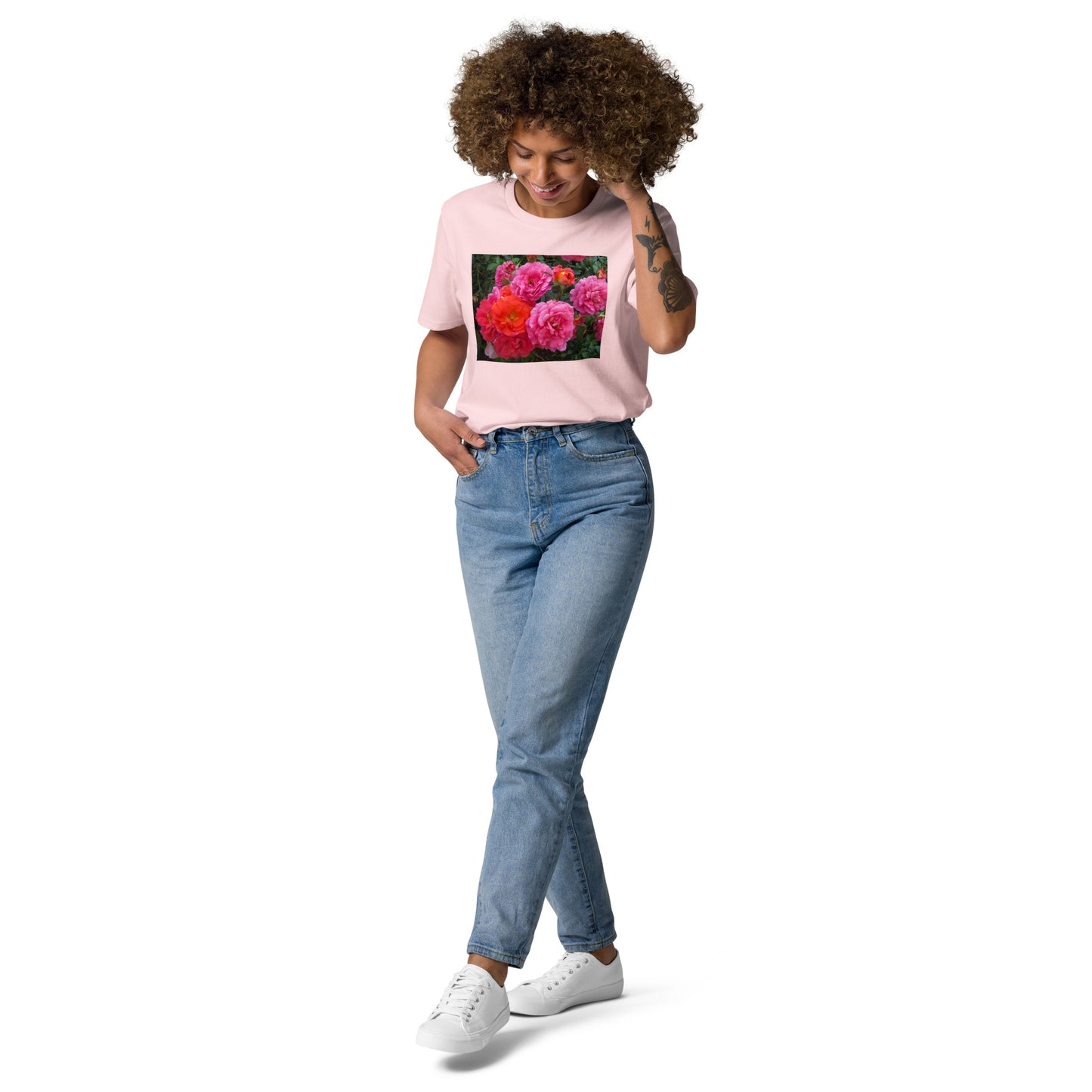 オーガニックコットン ピンクバラ ユニセックスTシャツ