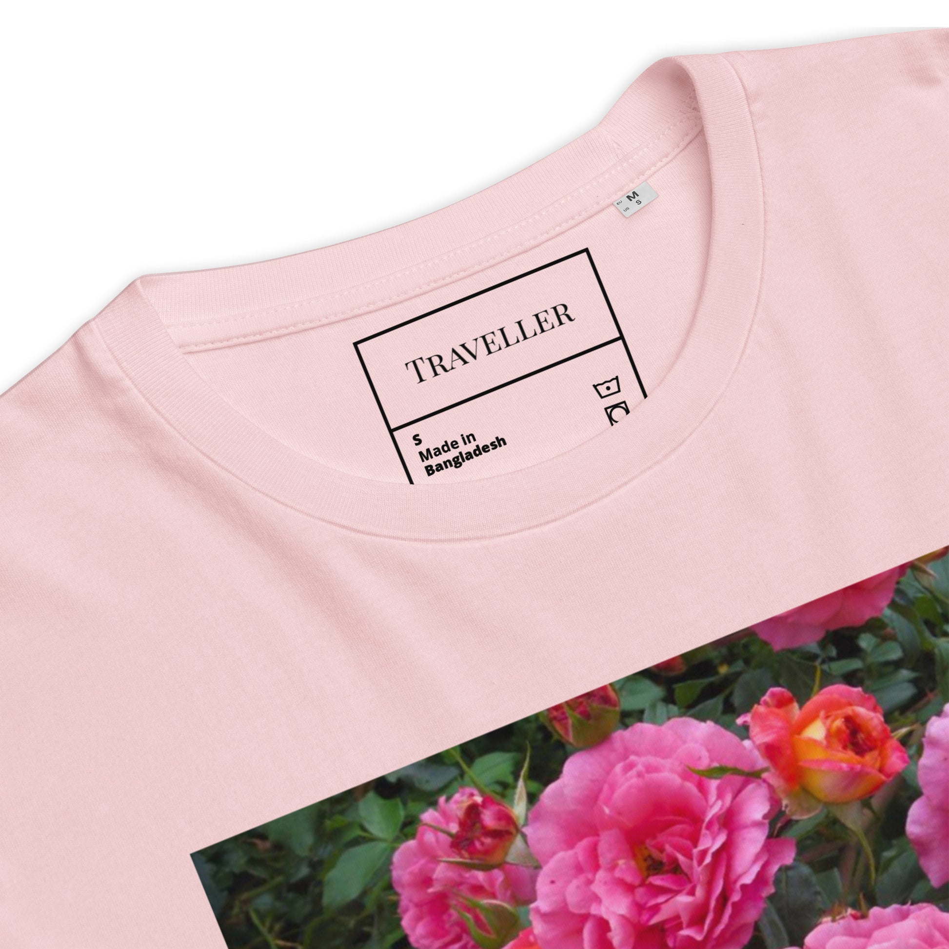 Økologisk bomulds-T-shirt med lyserød rose og unisex-motiv