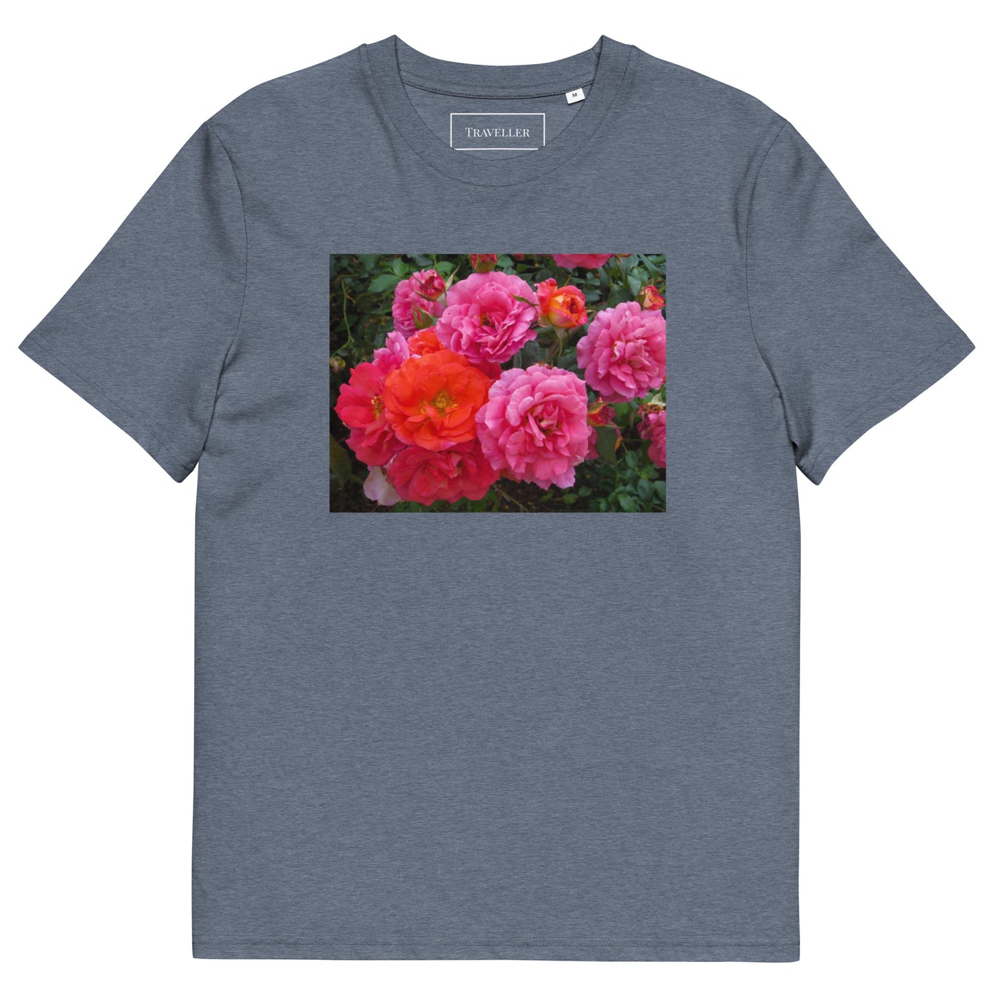 オーガニックコットン ピンクバラ ユニセックスTシャツ Dark Heather Blue