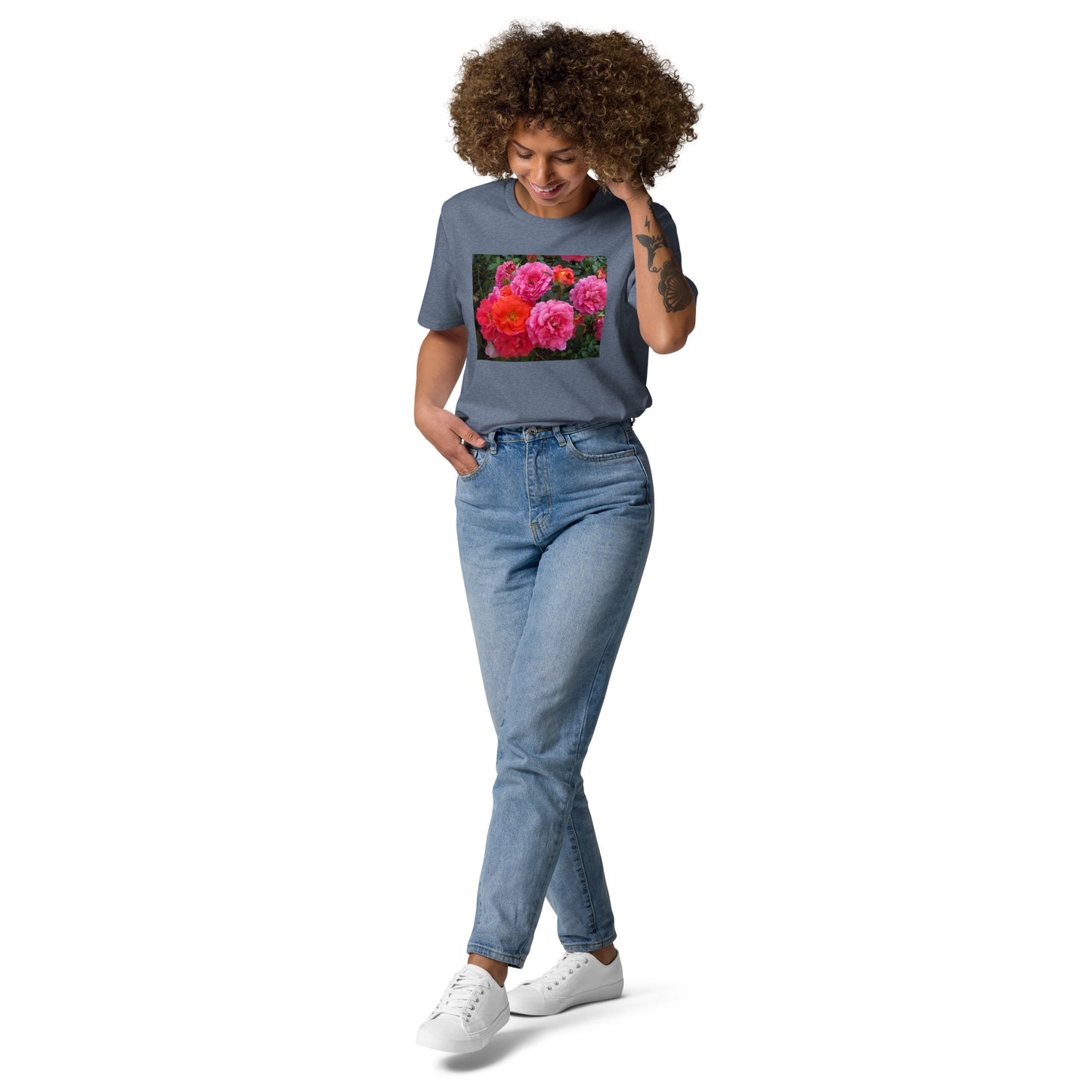 オーガニックコットン ピンクバラ ユニセックスTシャツ