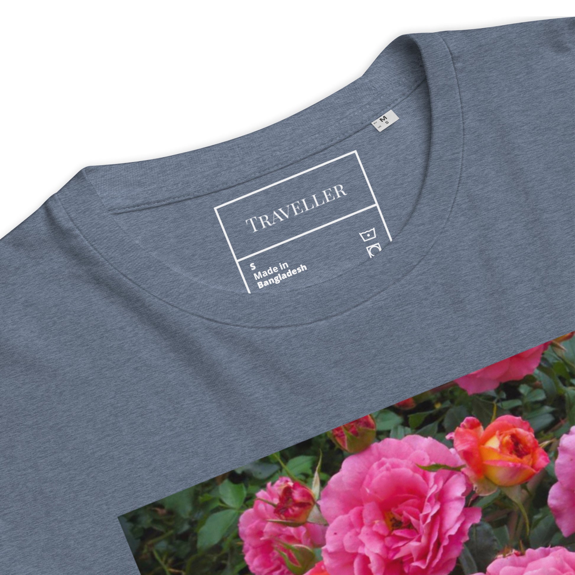 Økologisk bomulds-T-shirt med lyserød rose og unisex-motiv