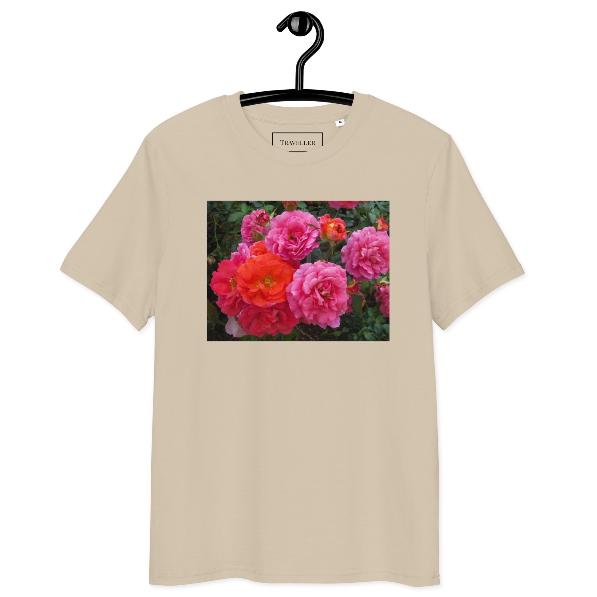 Økologisk bomulds-T-shirt med lyserød rose og unisex-motiv