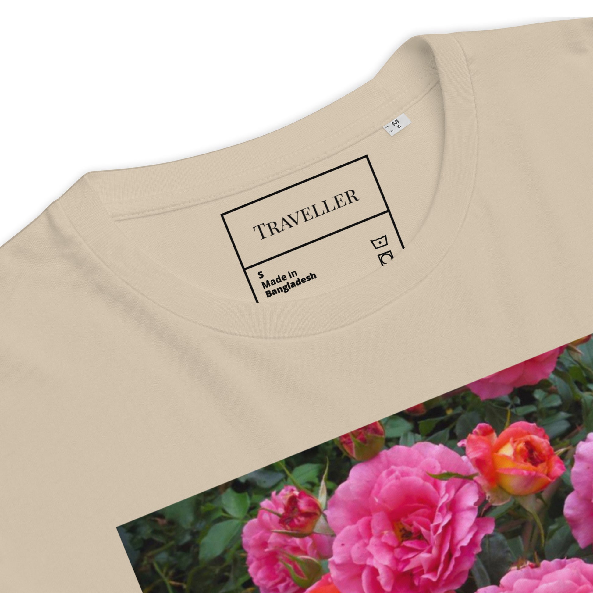 Økologisk bomulds-T-shirt med lyserød rose og unisex-motiv