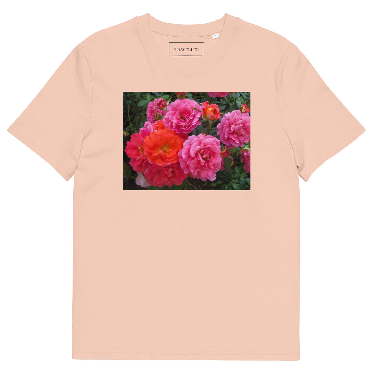 オーガニックコットン ピンクバラ ユニセックスTシャツ Fraiche Peche