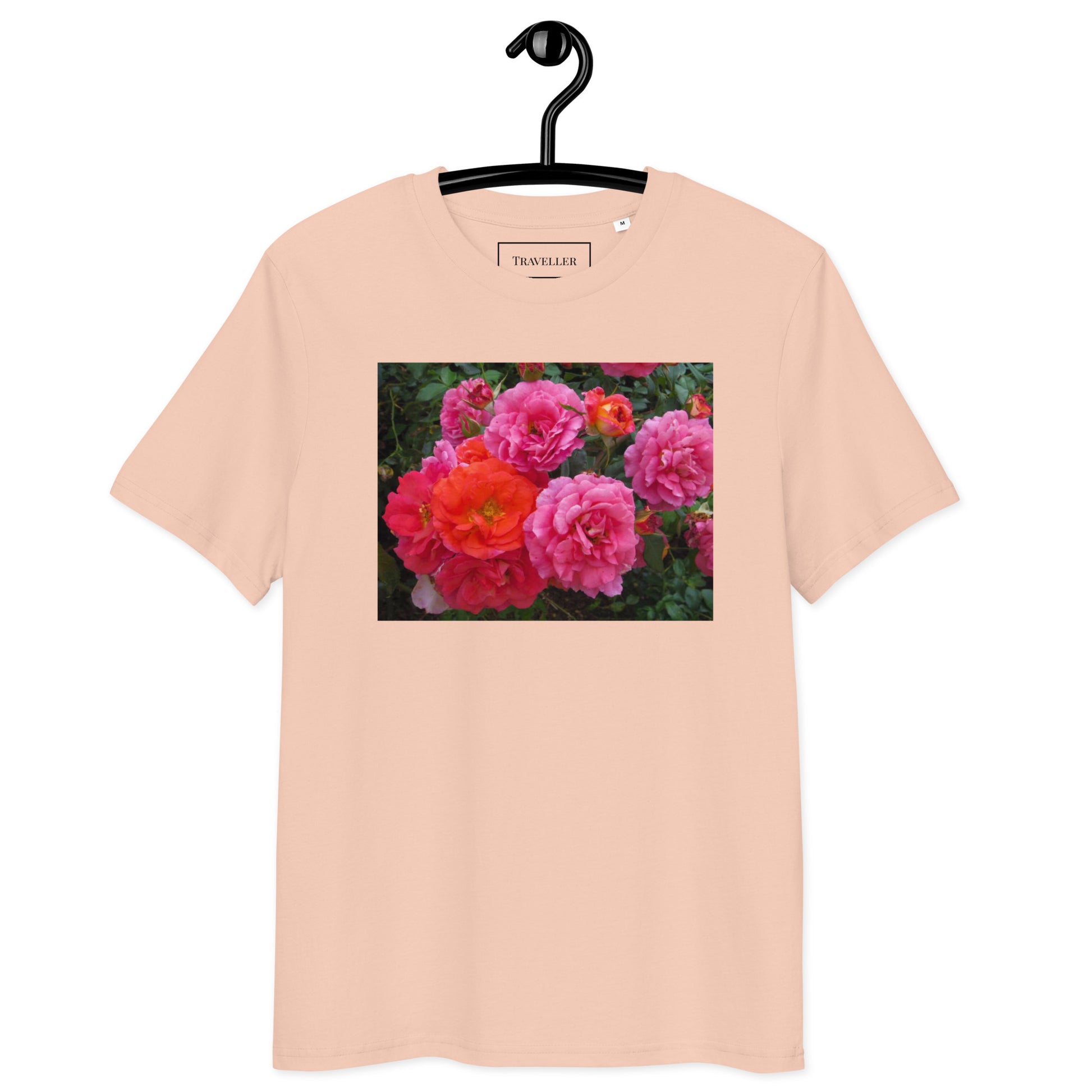 Økologisk bomulds-T-shirt med lyserød rose og unisex-motiv