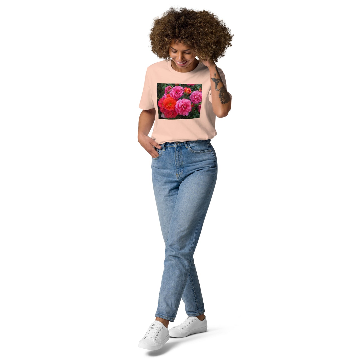 オーガニックコットン ピンクバラ ユニセックスTシャツ