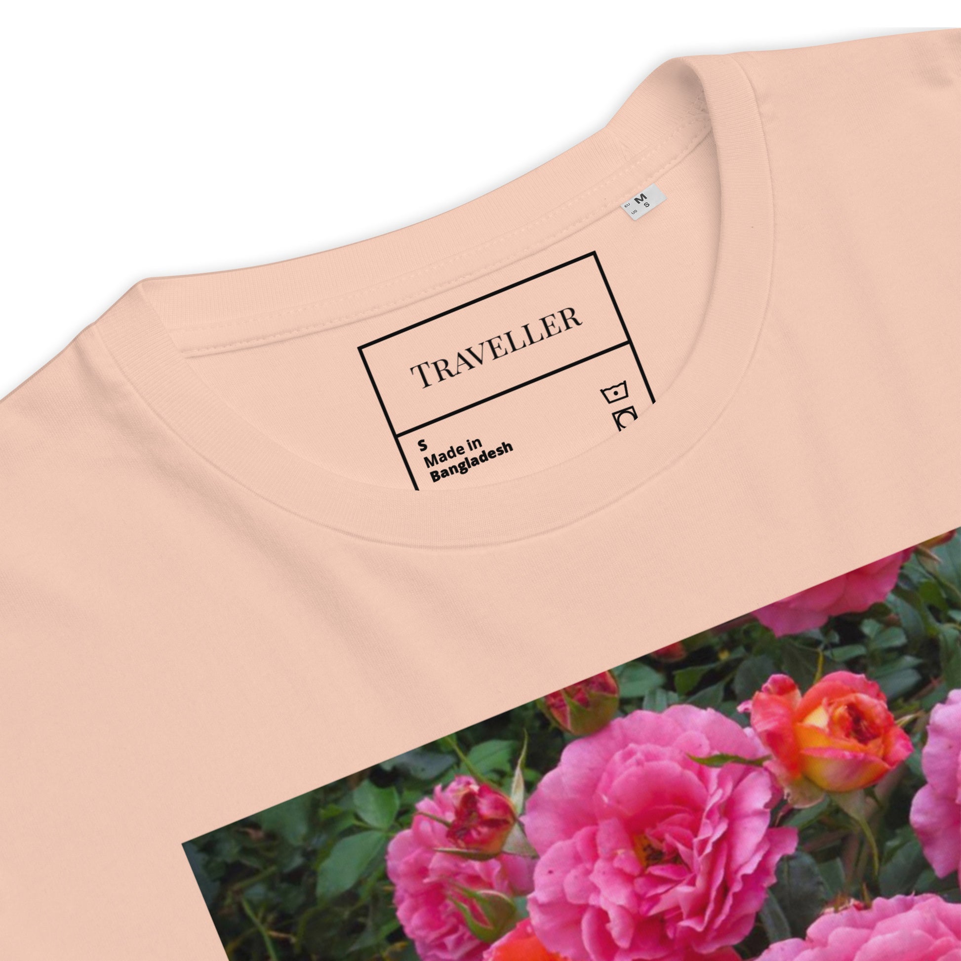 Økologisk bomulds-T-shirt med lyserød rose og unisex-motiv