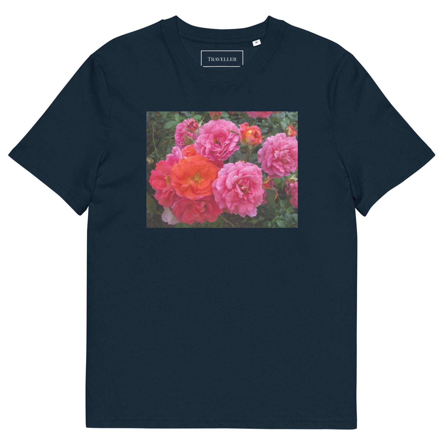 オーガニックコットン ピンクバラ ユニセックスTシャツ French Navy