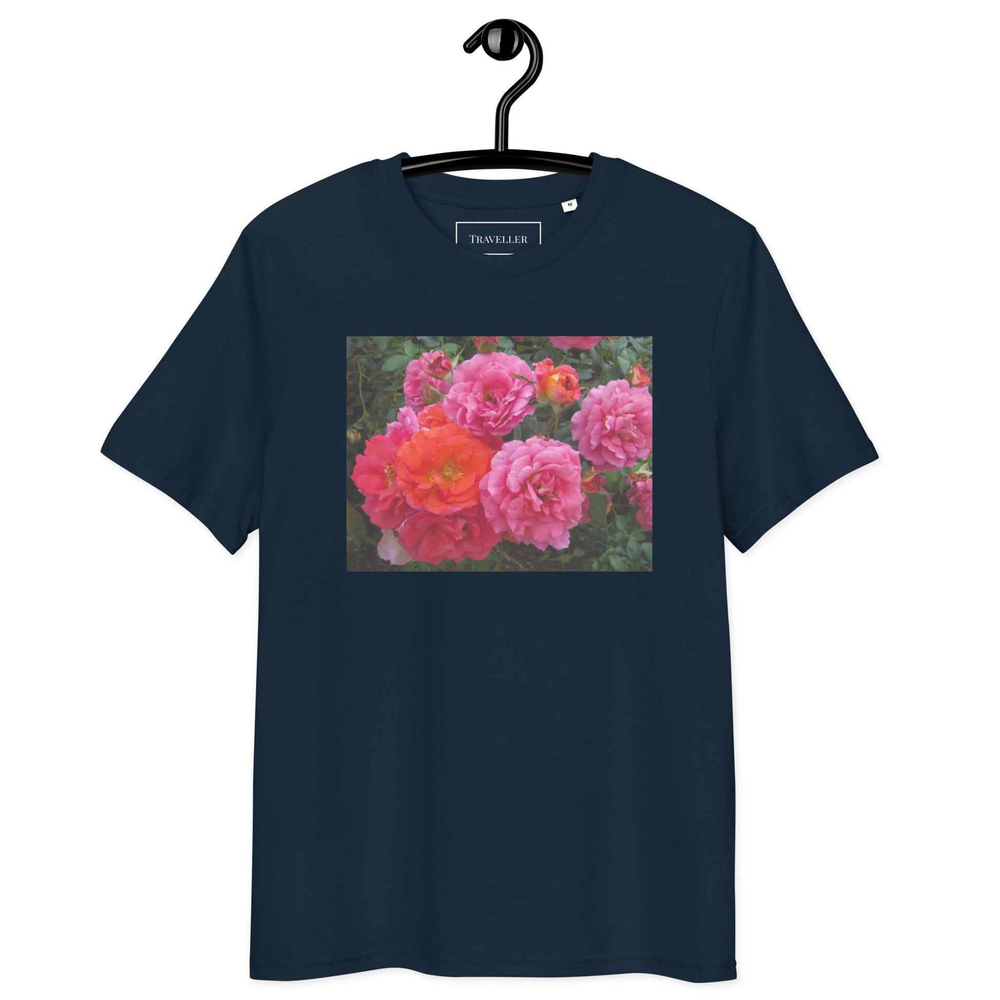 Økologisk bomulds-T-shirt med lyserød rose og unisex-motiv