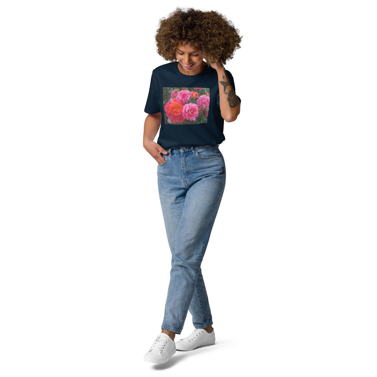 オーガニックコットン ピンクバラ ユニセックスTシャツ