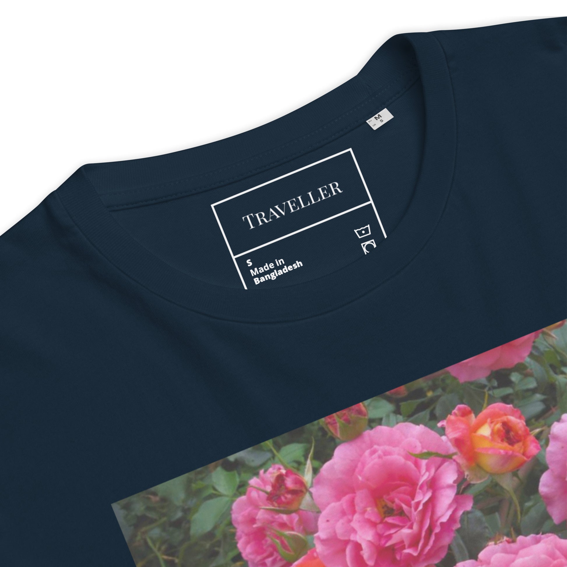 Økologisk bomulds-T-shirt med lyserød rose og unisex-motiv