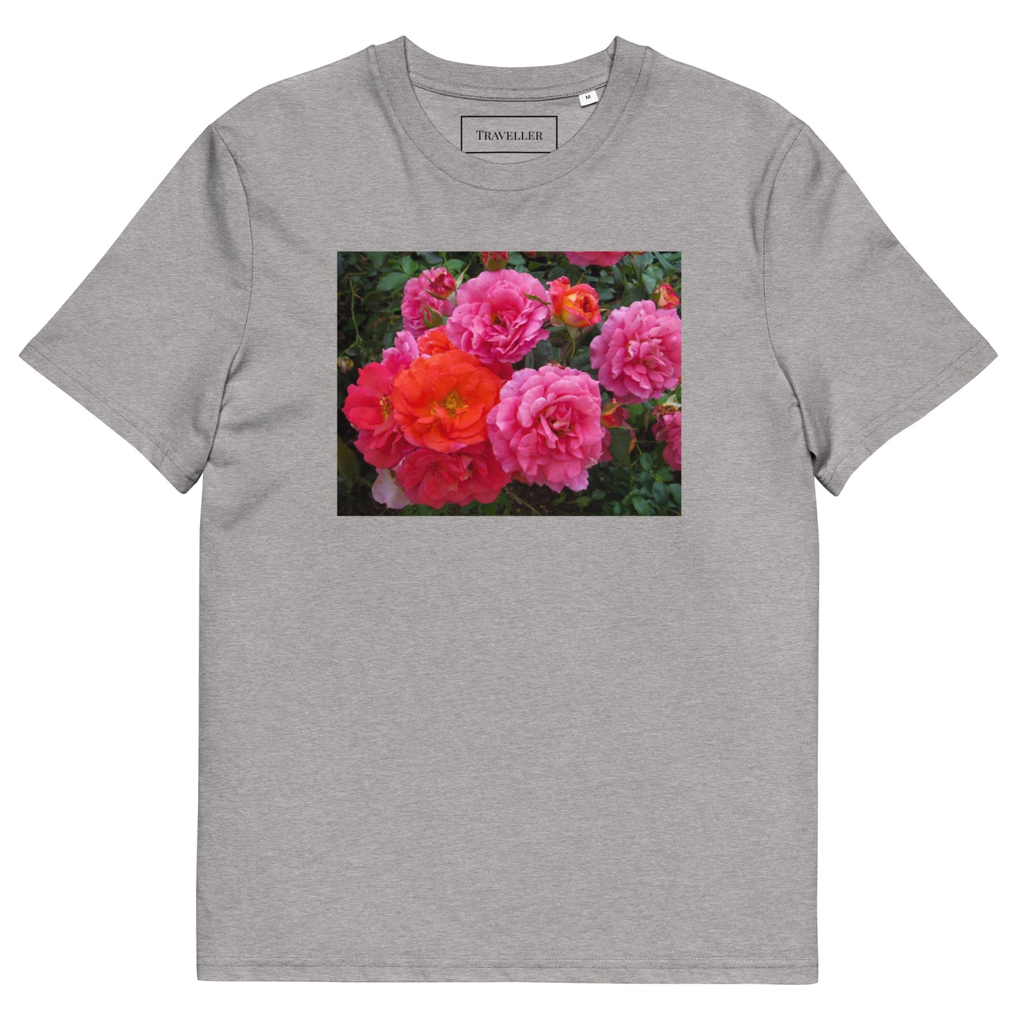 オーガニックコットン ピンクバラ ユニセックスTシャツ Heather Grey