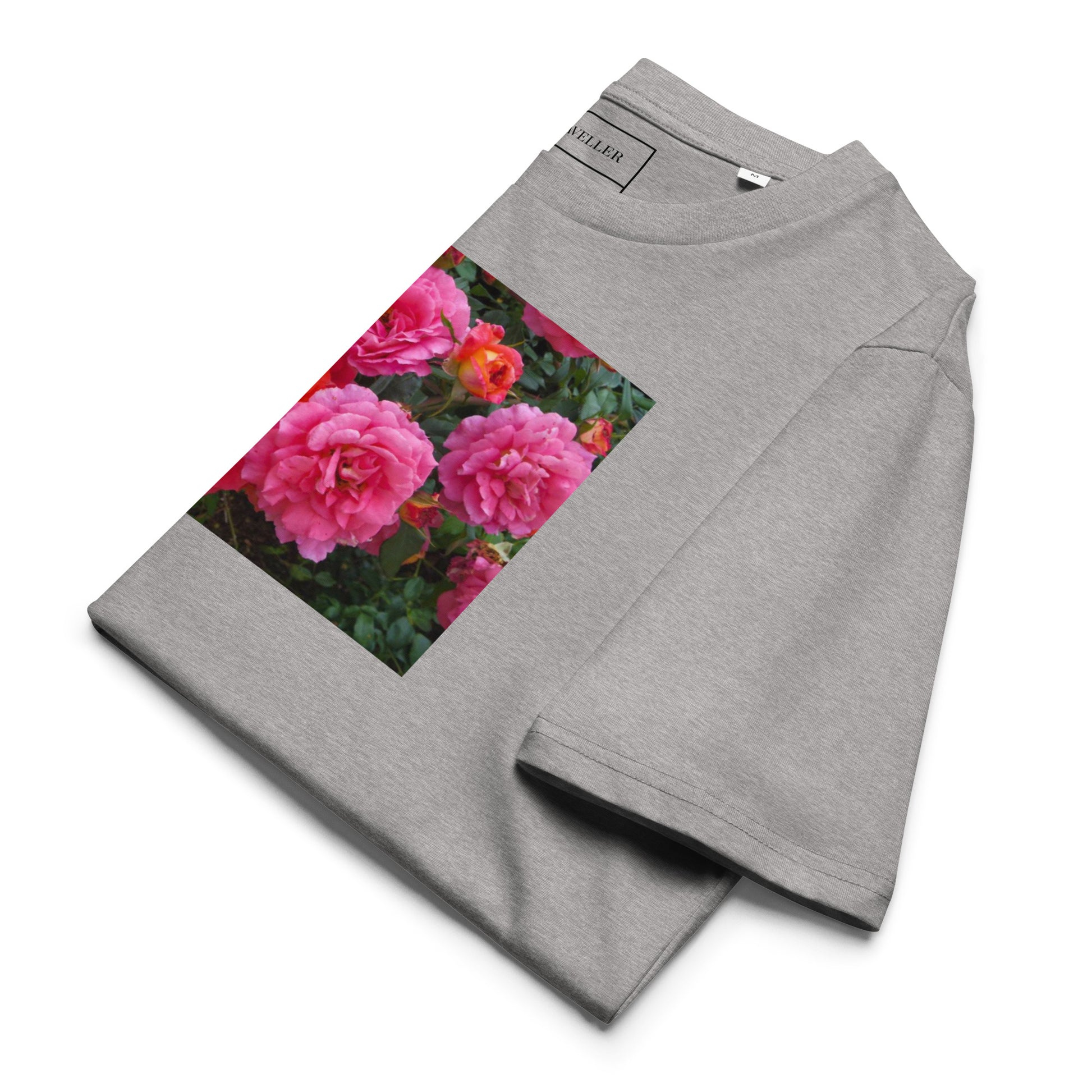 Økologisk bomulds-T-shirt med lyserød rose og unisex-motiv