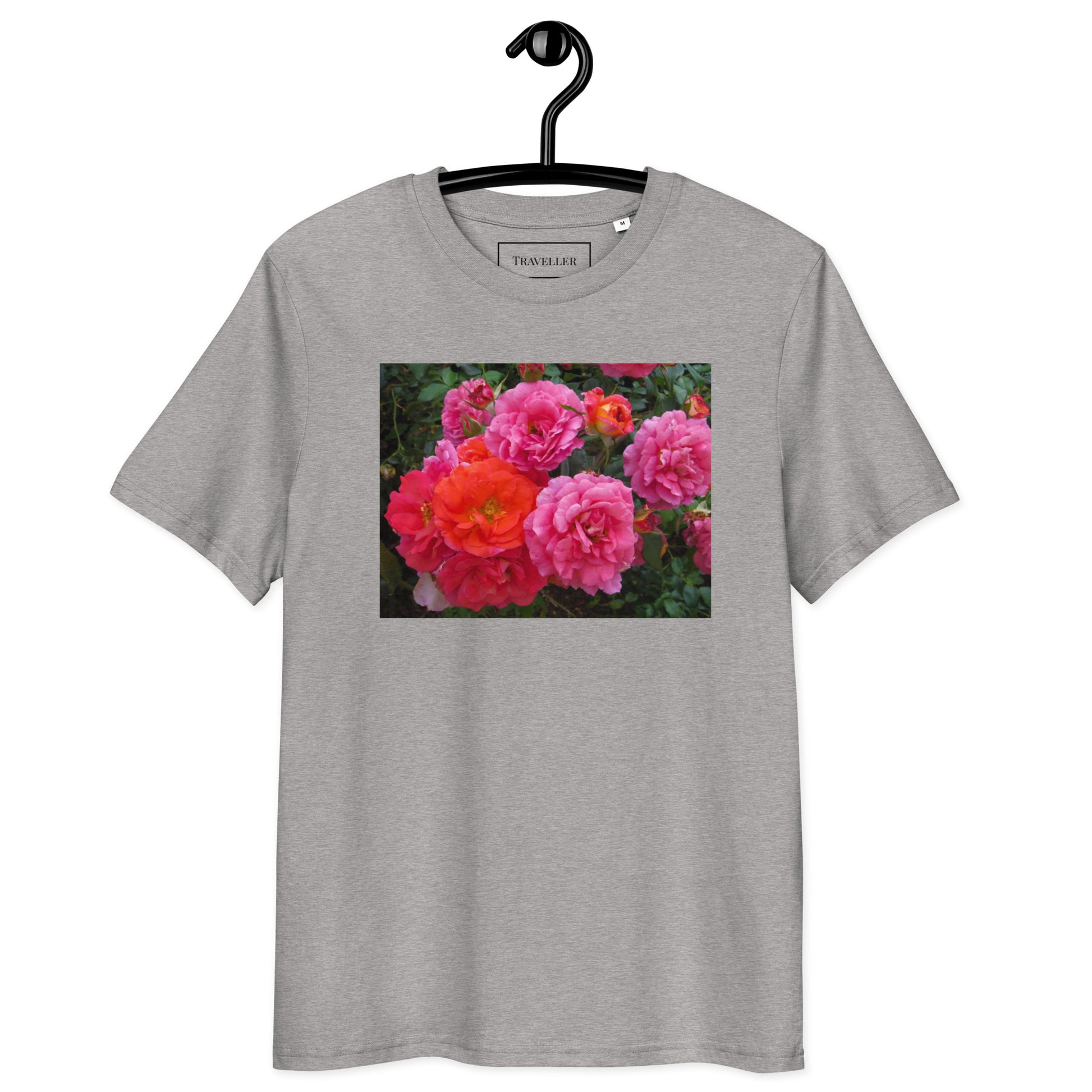 Økologisk bomulds-T-shirt med lyserød rose og unisex-motiv