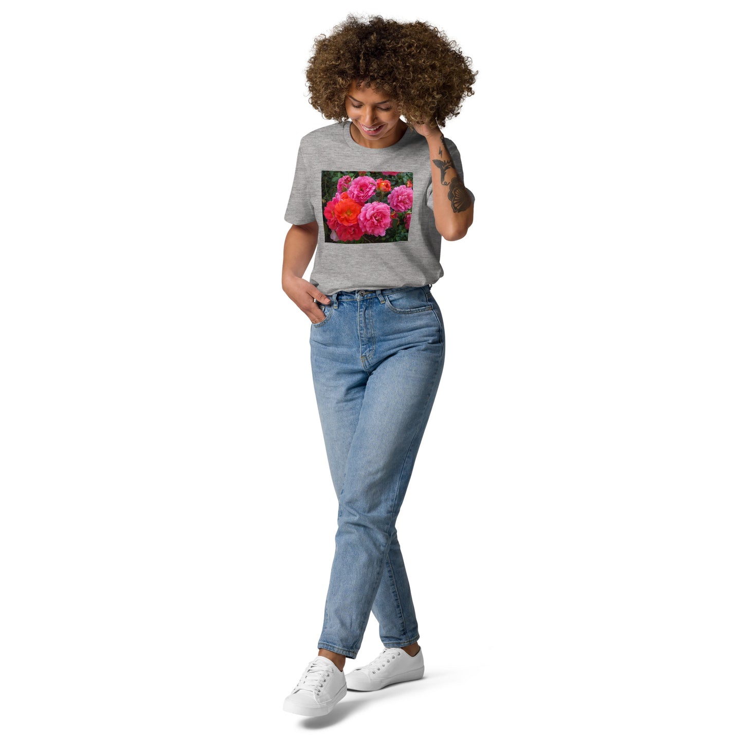 オーガニックコットン ピンクバラ ユニセックスTシャツ