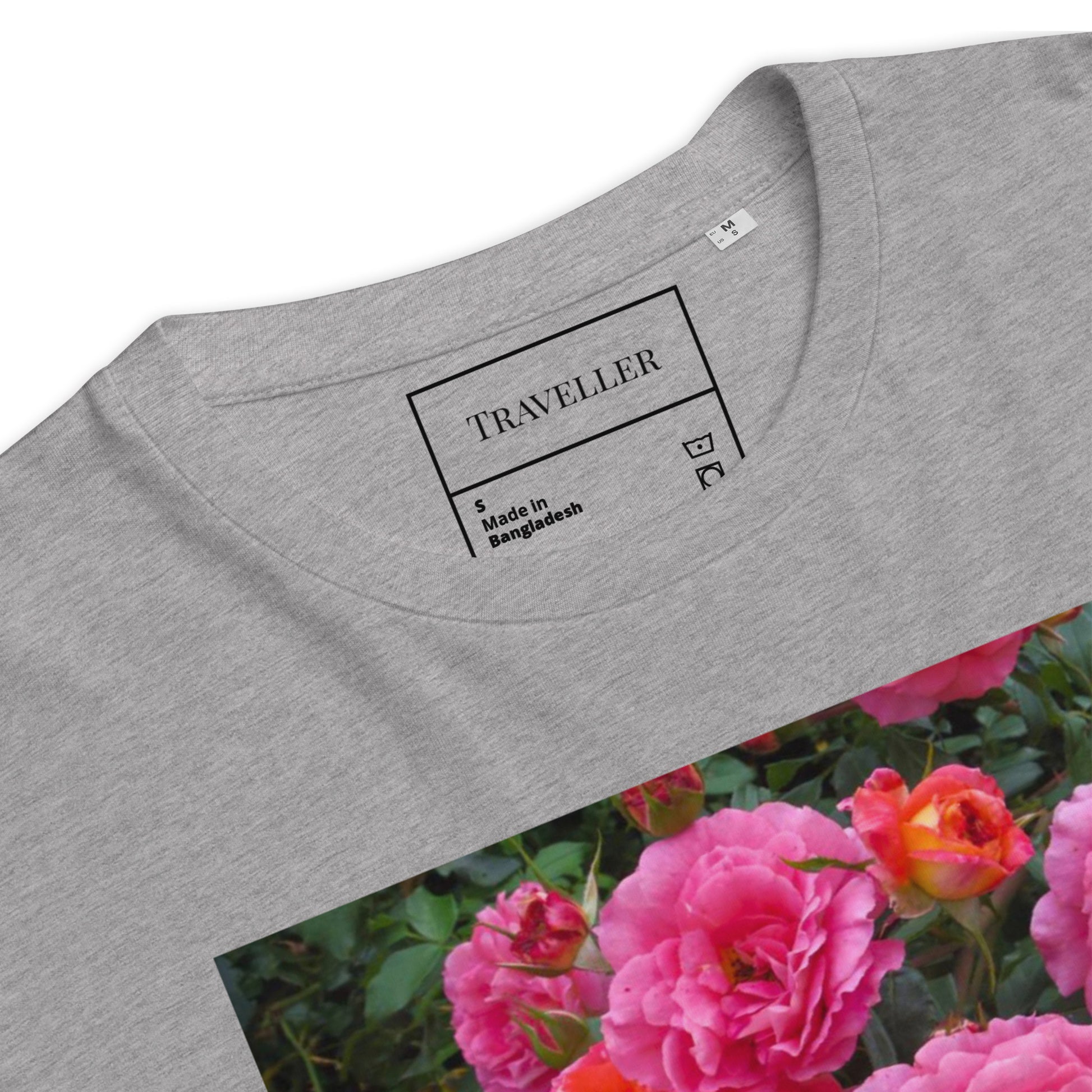 Økologisk bomulds-T-shirt med lyserød rose og unisex-motiv