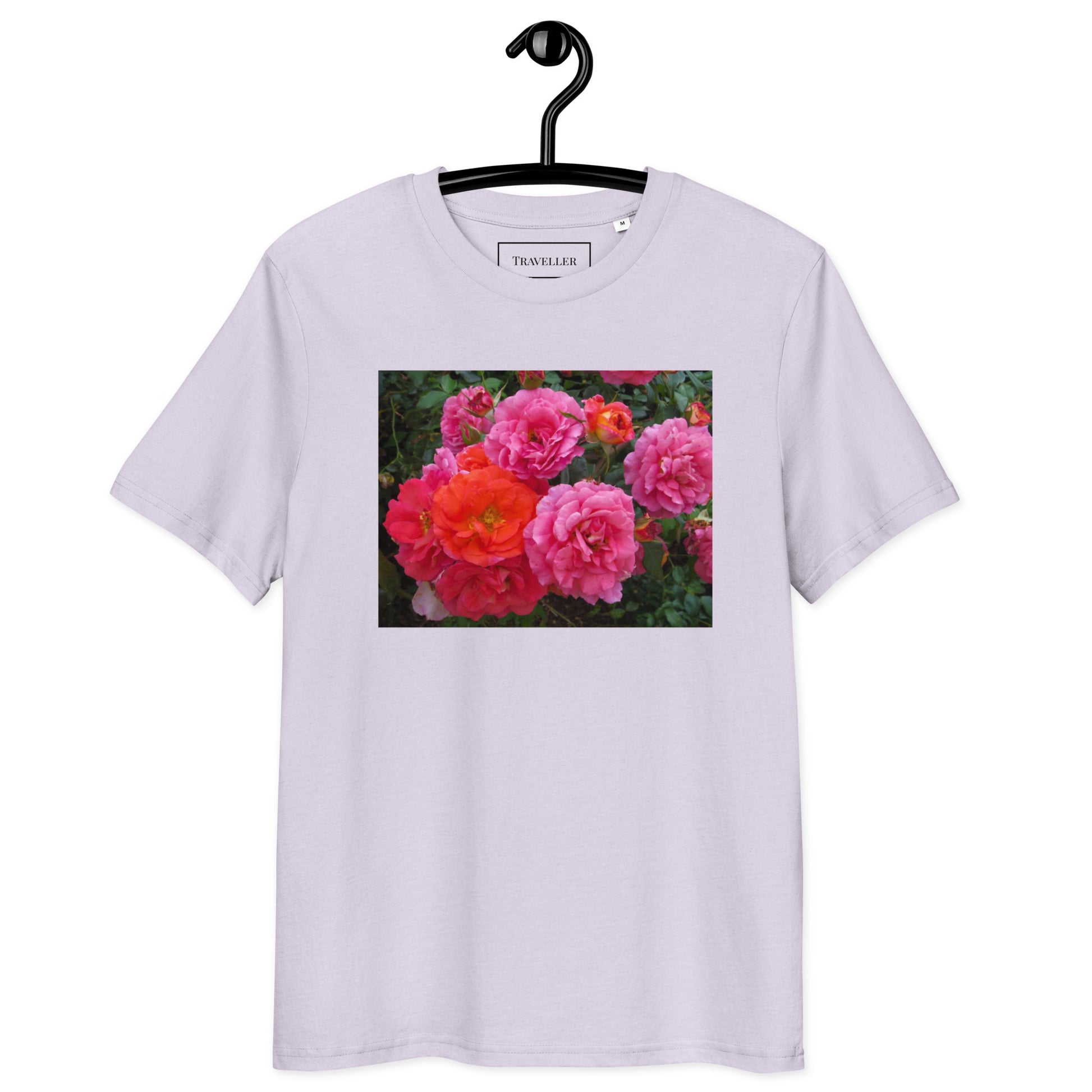Økologisk bomulds-T-shirt med lyserød rose og unisex-motiv