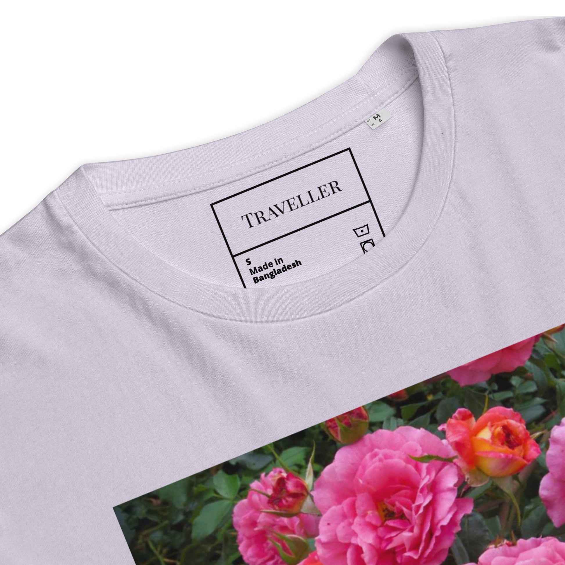 Økologisk bomulds-T-shirt med lyserød rose og unisex-motiv