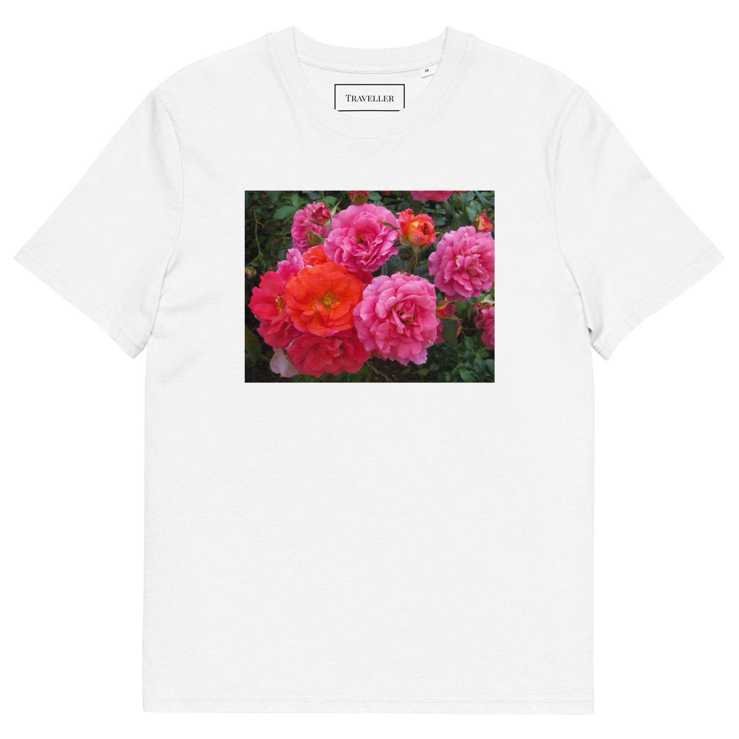 オーガニックコットン ピンクバラ ユニセックスTシャツ White