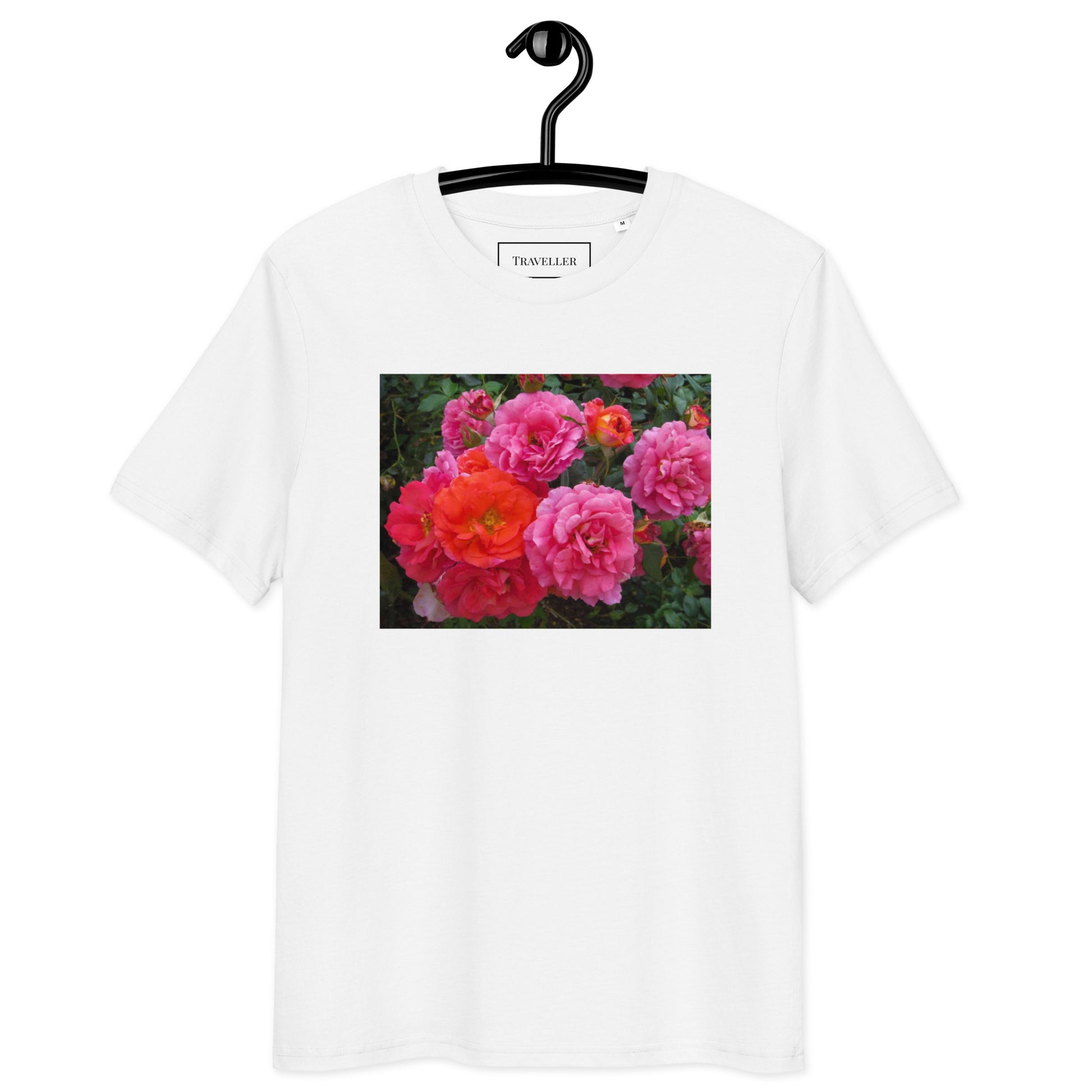 Økologisk bomulds-T-shirt med lyserød rose og unisex-motiv