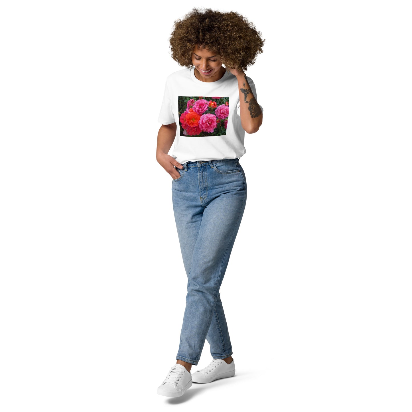 オーガニックコットン ピンクバラ ユニセックスTシャツ