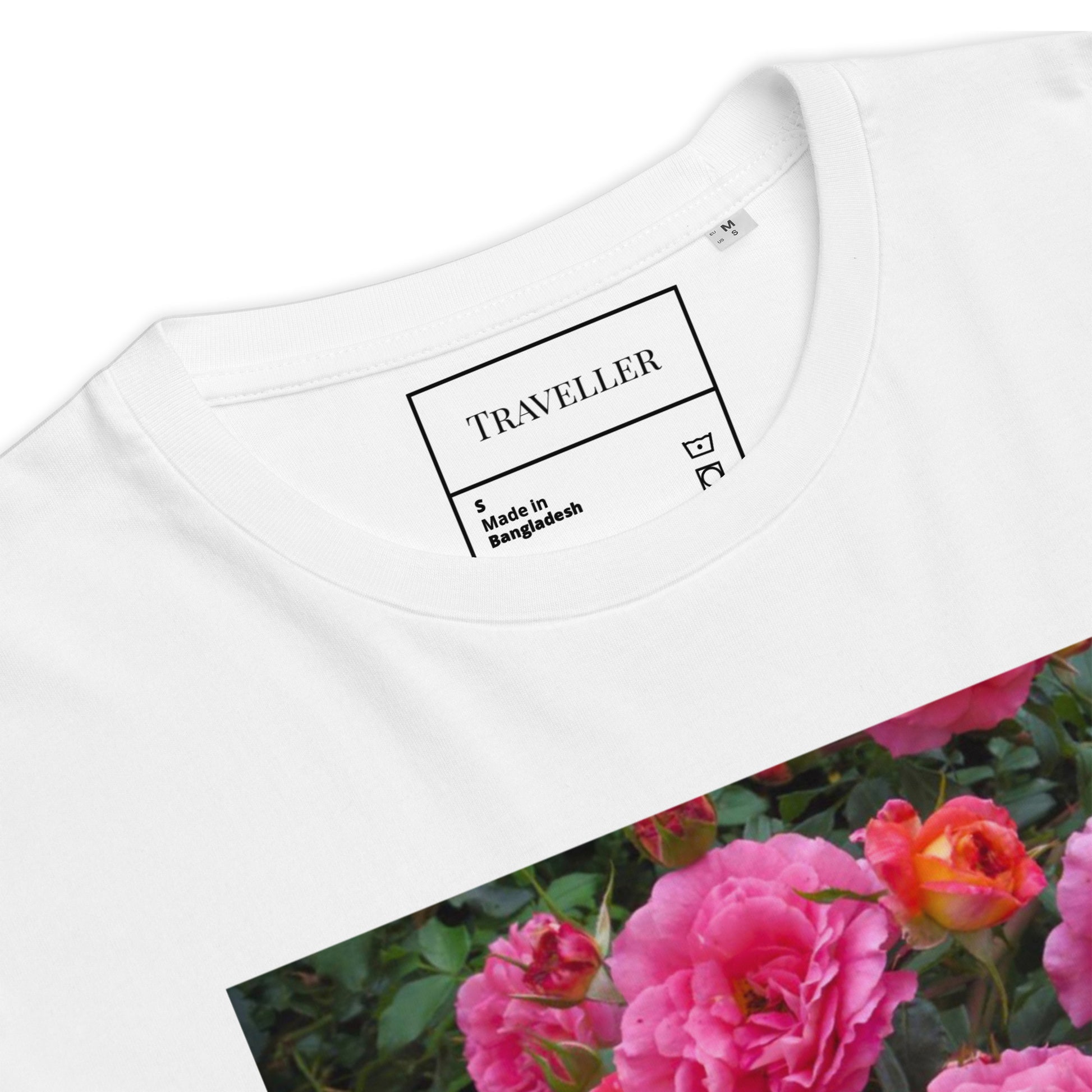 Økologisk bomulds-T-shirt med lyserød rose og unisex-motiv