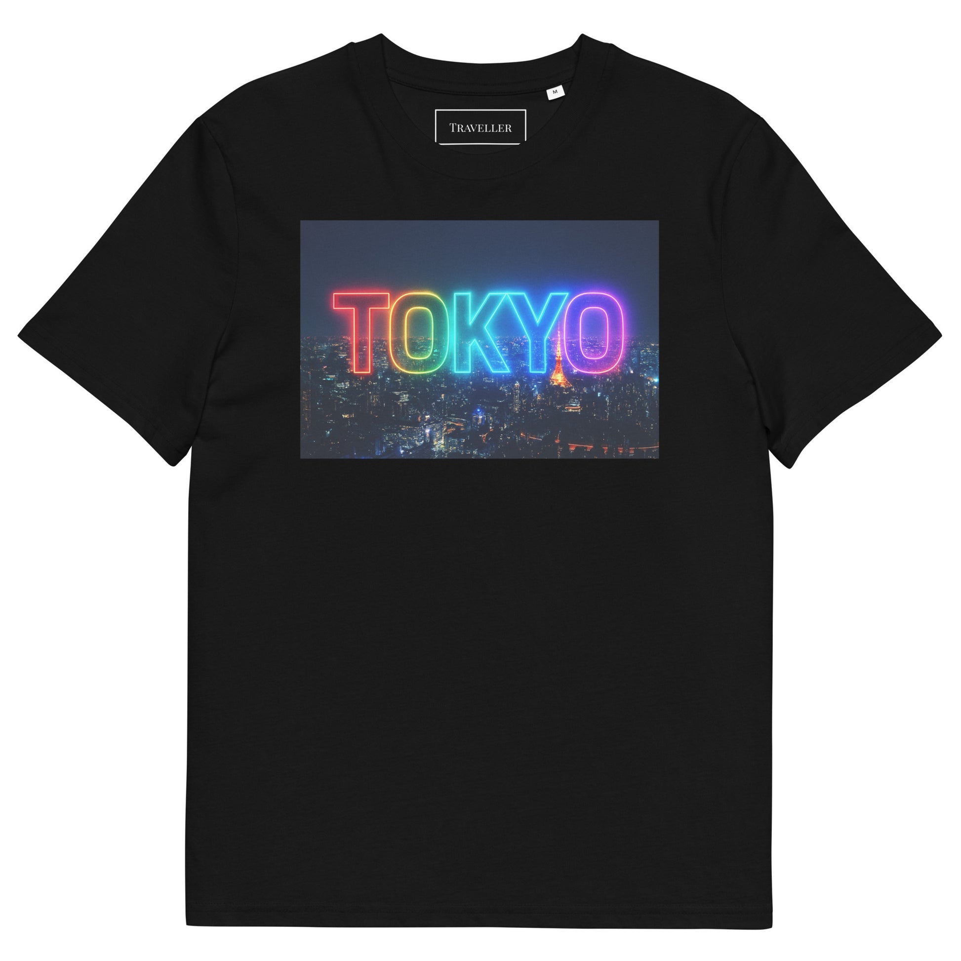 Økologisk bomulds-T-shirt med Tokyo-logo og natteudsigt, sort, Tokyo-souvenir
