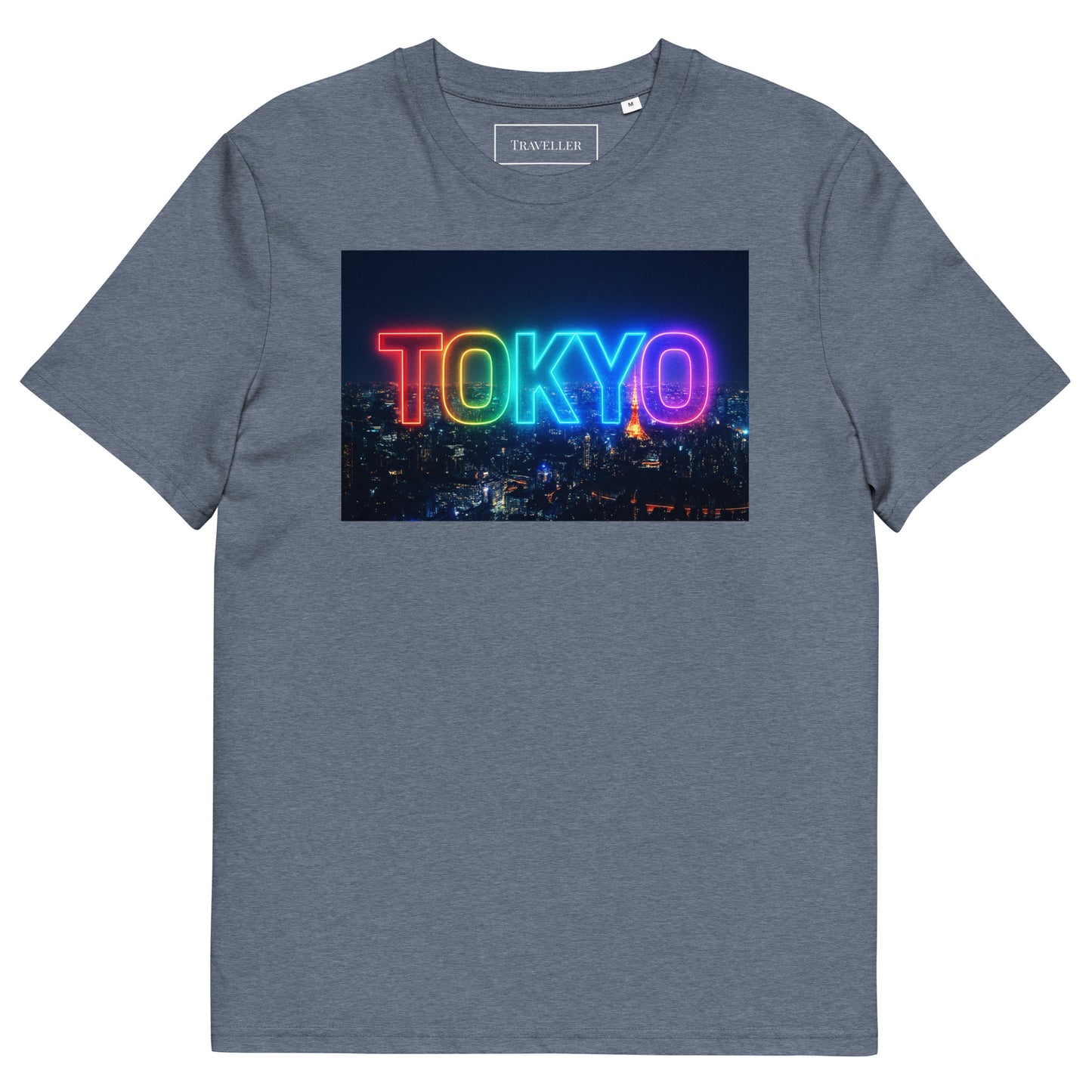 オーガニックコットン 東京ロゴTシャツ 夜景デザイン Dark Heather Blue