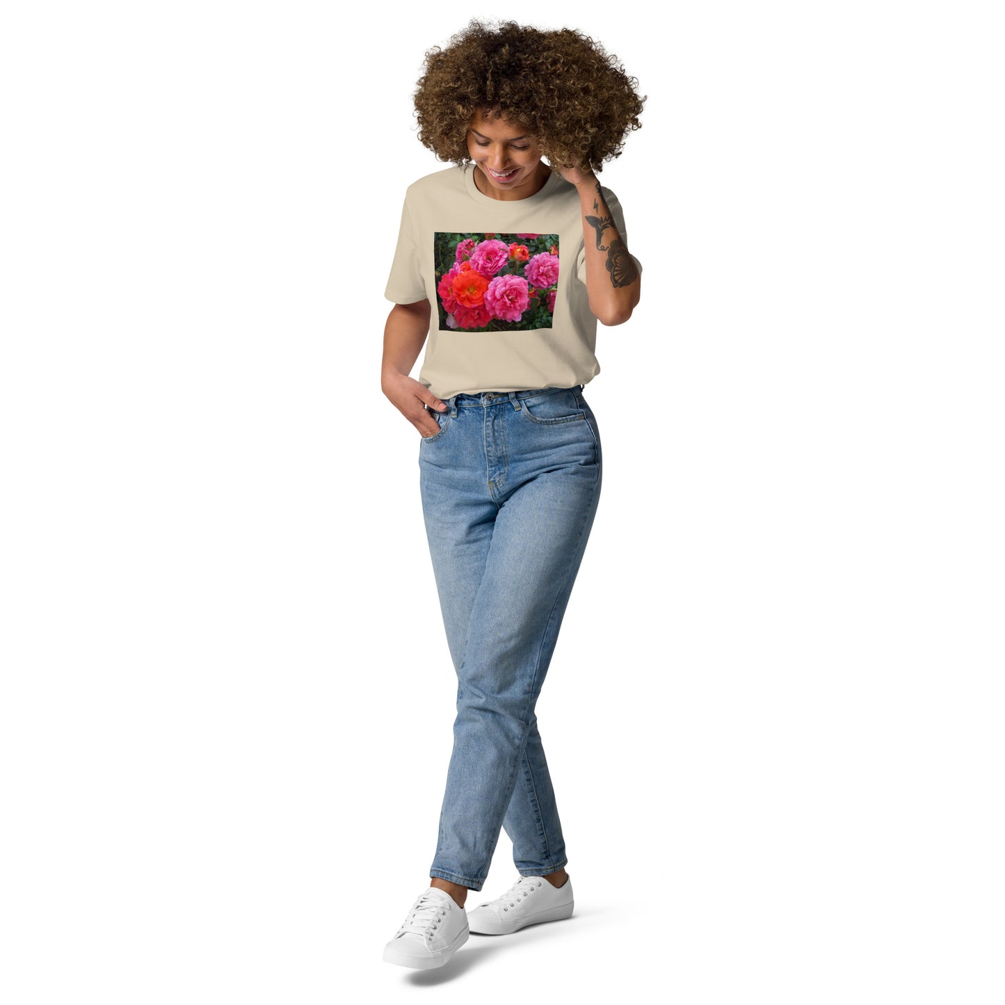 オーガニックコットン ピンクバラ ユニセックスTシャツ