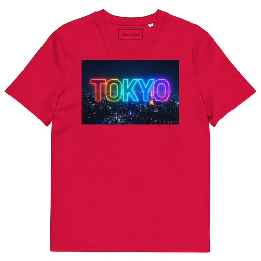 Økologisk bomulds-T-shirt med Tokyo-logo og natteudsigt, rød, Tokyo-souvenir