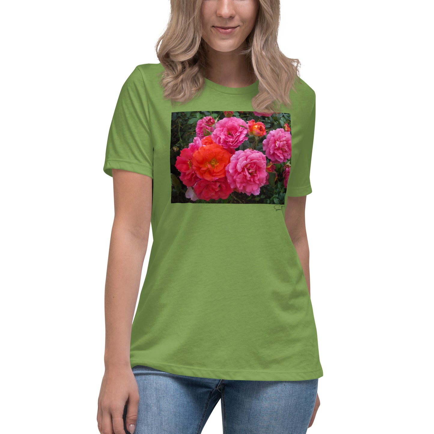 ピンクバラ レディースリラックスTシャツ
