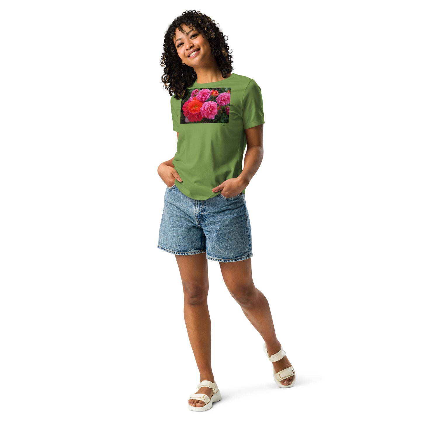 ピンクバラ レディースリラックスTシャツ
