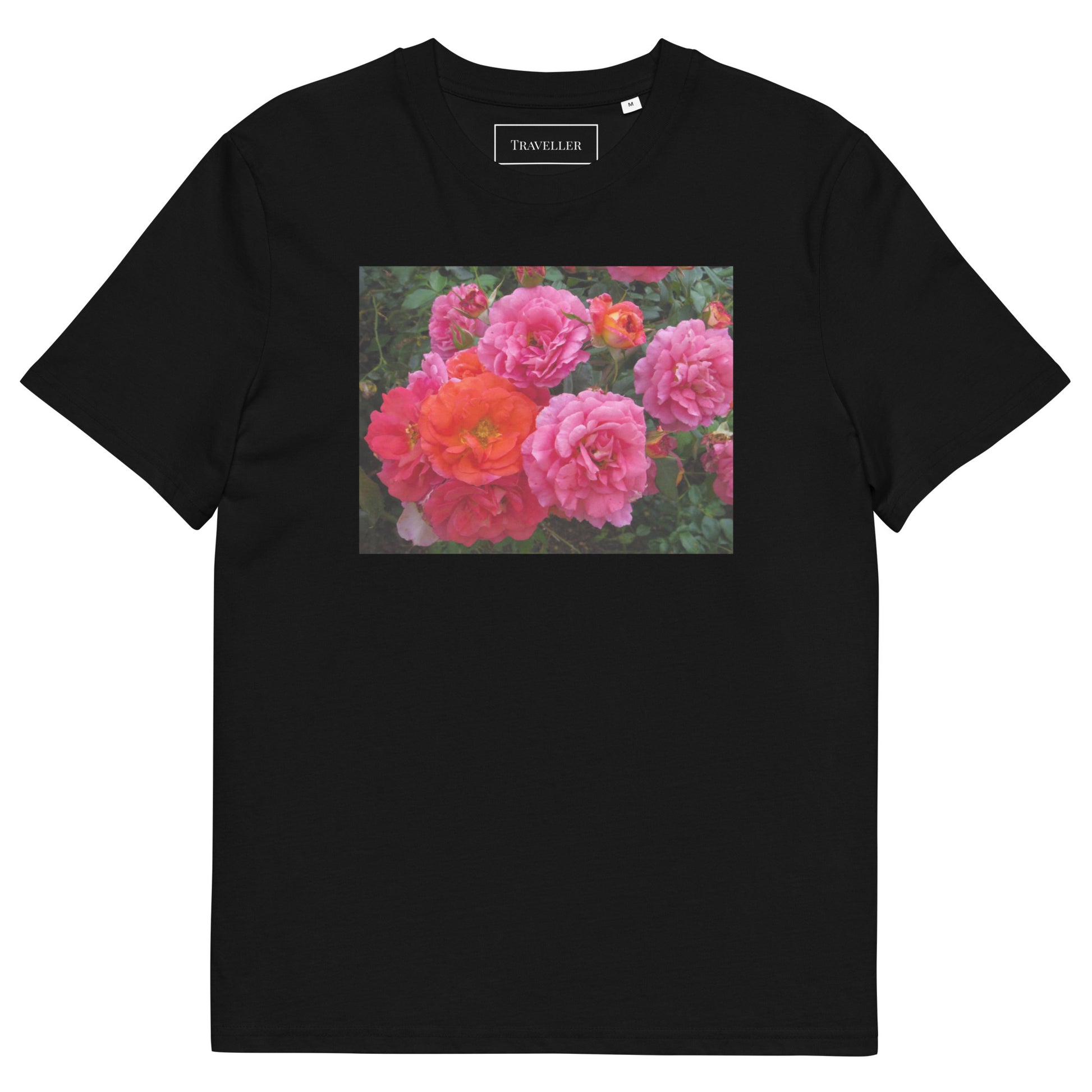オーガニックコットン ピンクバラ ユニセックスTシャツ Black