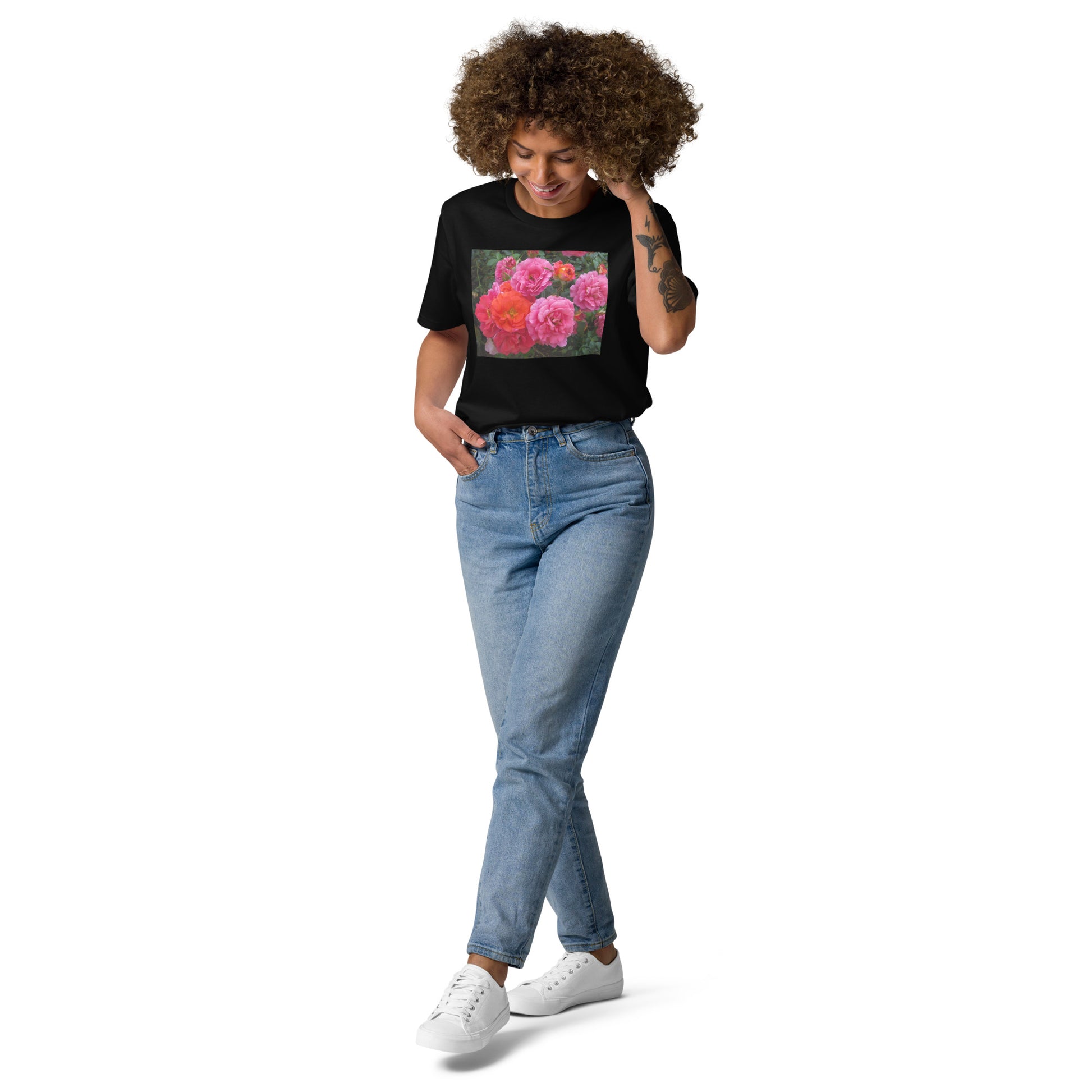 オーガニックコットン ピンクバラ ユニセックスTシャツ