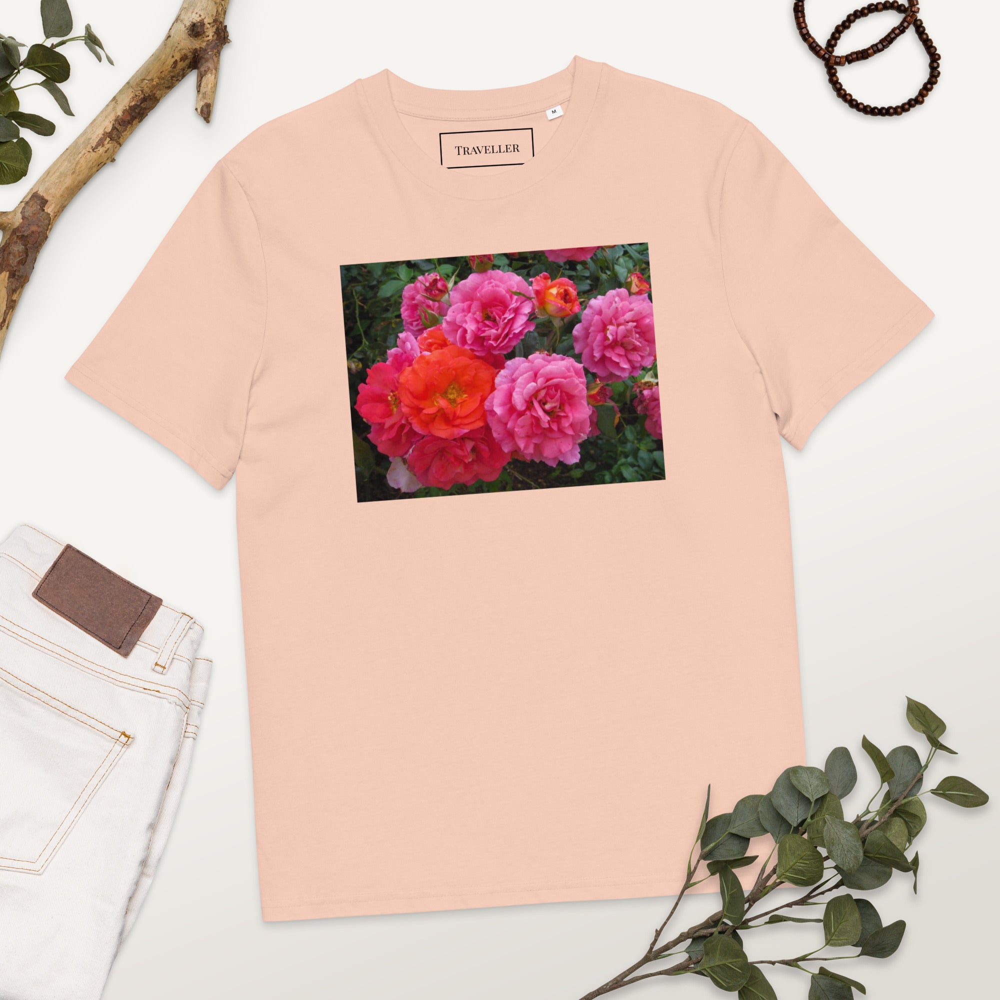 オーガニックコットン ピンクバラTシャツ ユニセックス | 高品質 エコ