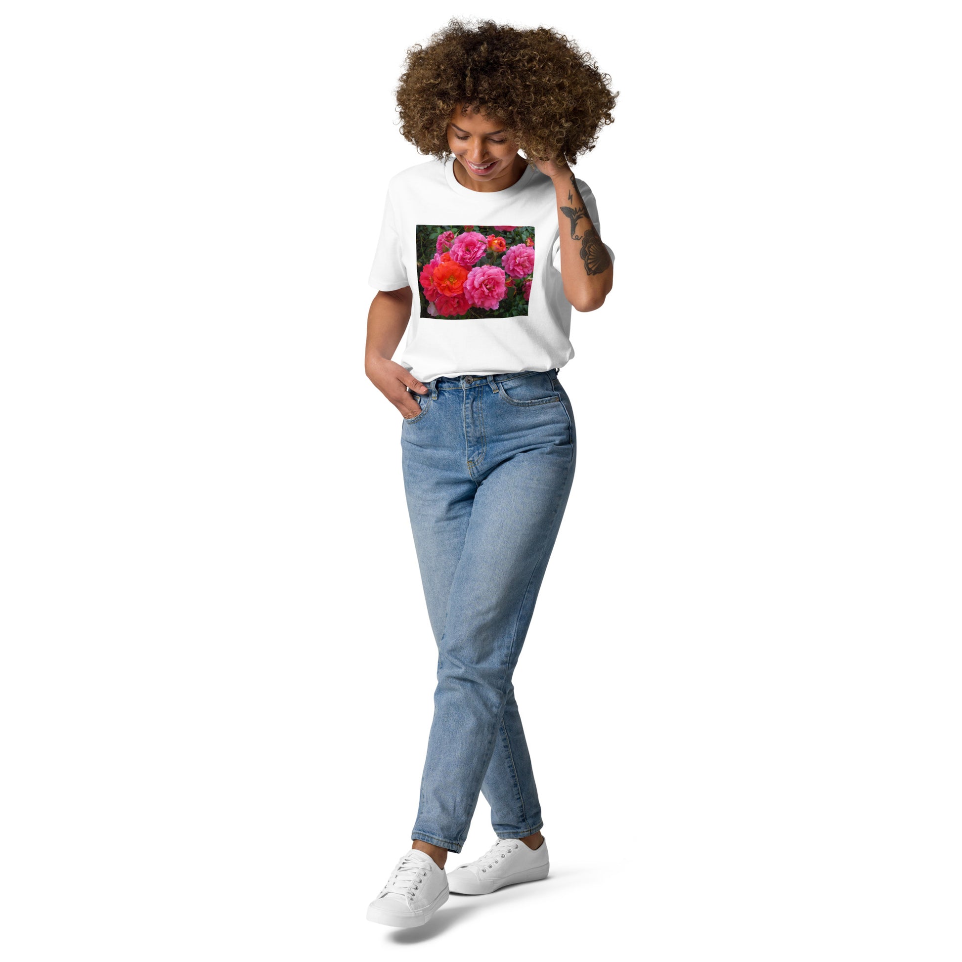 オーガニックコットン ピンクバラ ユニセックスTシャツ