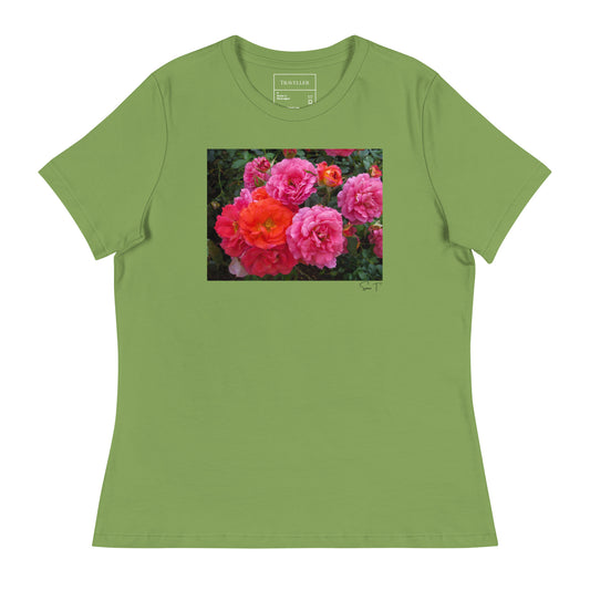 ピンクバラ レディースリラックスTシャツ